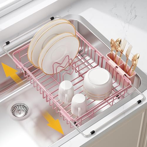 Pink Dish Drying Rack Over the Sink with Utensil Holder