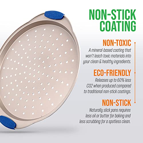 13-Inch Non-Stick Pizza Tray with Silicone Handle - Perforated Round Steel Pan, Dishwasher Safe - 2 Pack - Champagne Gold