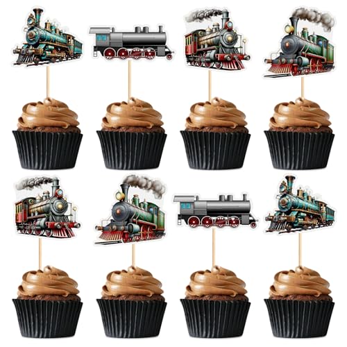 24Pcs Train Transportation Cupcake Toppers Vintage Locomotiv Cupcake Picks for Retro Train Boys Girls Birthday Party Baby Shower Cupcake Decorations Train Transportation Party Decors