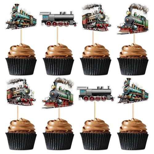 24Pcs Train Transportation Cupcake Toppers Vintage Locomotiv Cupcake Picks for Retro Train Boys Girls Birthday Party Baby Shower Cupcake Decorations Train Transportation Party Decors