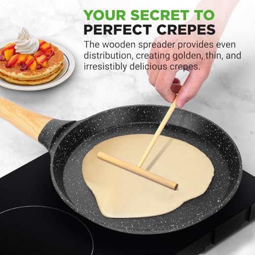 2-Pack Non-Stick Crepe Pan Set – 11” Marble Coated Dosa Pans with Wooden Spreaders, Bakelite and Wood Handles, Induction-Compatible, Easy-to-Clean, Stain-Resistant (Black Marble) (2 Count)