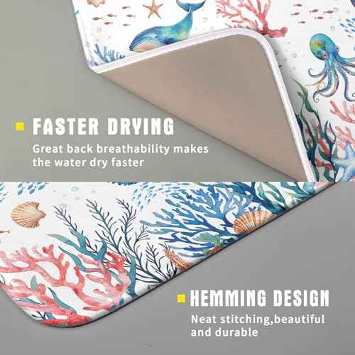 Coastal Ocean Dish Drying Mat Seahorse Whales Drainer Rack Mats 16"x18" Absorbent Microfiber Dish Drying Pad Protector for Kitchen Counter