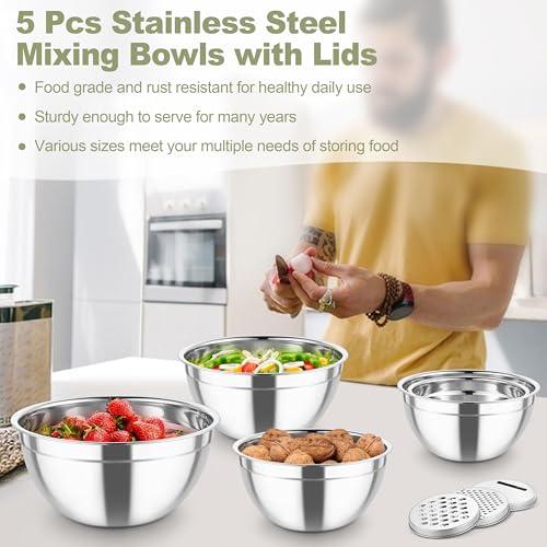 Mixing Bowls Stainless Steel Salad Serving Bowl with Clear Lids (5 Count)