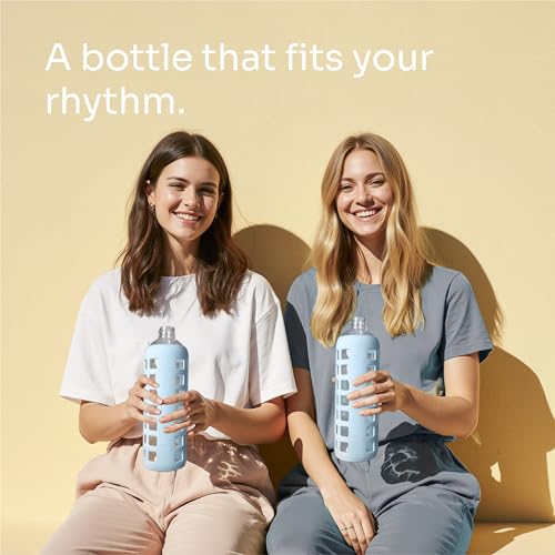 40oz / 32oz / 22oz / 12oz Borosilicate Glass Water Bottle with Time & Volume Markers, Silicone Sleeve, Stainless Steel Lid | Reusable Glass Bottle for Water & Juice (40oz Ice Blue)