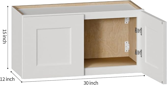 White Shaker Cabinet Wall Mounted, 30Wx15Hx12D Inch Solid Wood RTA Storage Organizer with 2 Doors & Shelves, Space-Saver for Laundry, Kitchen, Bathroom, Garage
