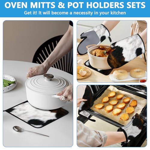 Brown Cowhide Oven Mitts and Pot Holders Sets Heat Resistant 4Pcs Potholders Oven Gloves Hot Pads for Kitchen Baking Cooking Grilling BBQ (4 Count)
