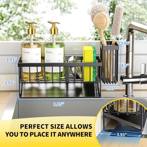 Sink Caddy Sponge Holder for Kitchen with Brush Holder and Stainless Steel Self Drain Tray