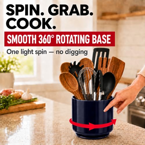 Plastic Large Rotating Navy Blue Kitchen Utensil Holder Countertop Caddy