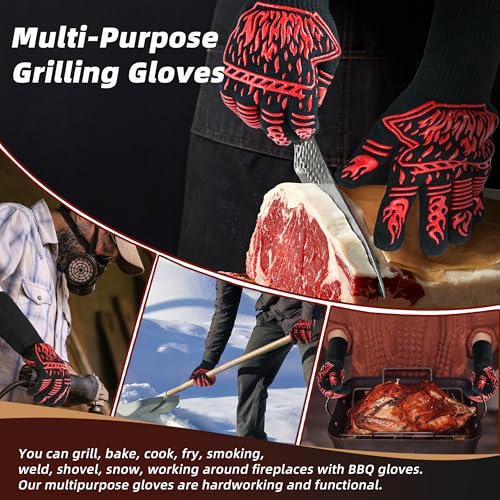 BBQ Gloves 1472F Heat Resistant Anti Slip Long with 2 Hooks (2 Count)