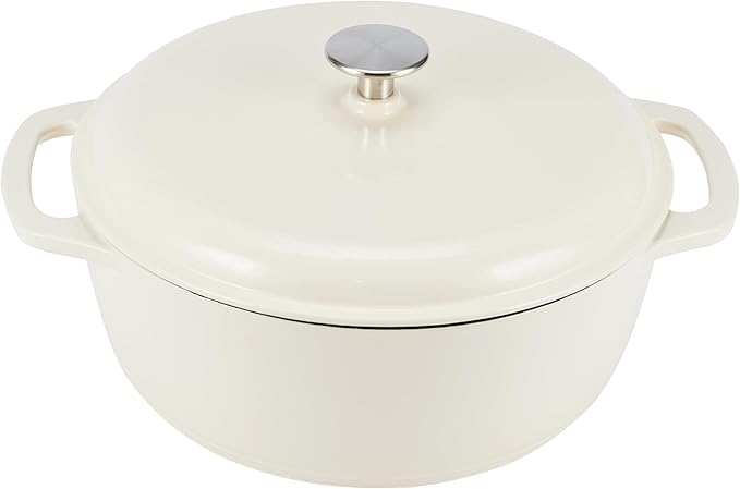 Amazon Basics Enameled Cast Iron Dutch Oven Pot with Lid, Oven Safe, Heavy-Duty, Dual Handles for Baking, Roasting, Stews, Round, 6-Quart, White