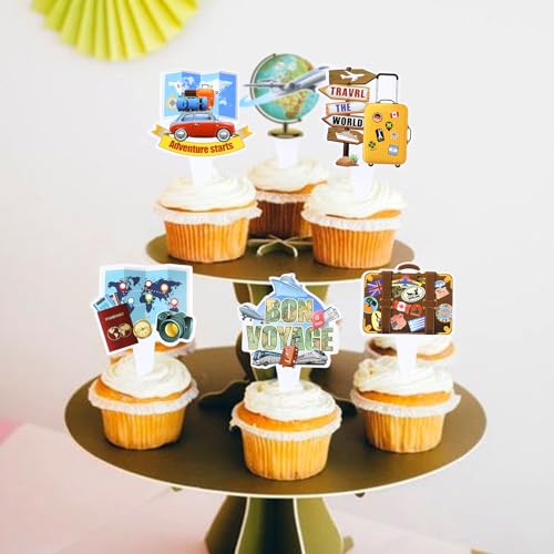 36PCS Double sided Adventure Travel Cupcake Toppers Airplane Globe Map Suitcase Bon Voyage Cupcake Picks for Adventure Travel Baby Shower Boys Girls Birthday Wedding Party Decoration (36 Count)