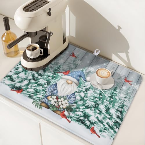 Winter Gnome Dish Drying Mat Pine Tree Dishes Pad 18"x24" Microfiber Absorbent Fast Dry Drainer Rack Mats Protector for Kitchen Countertop