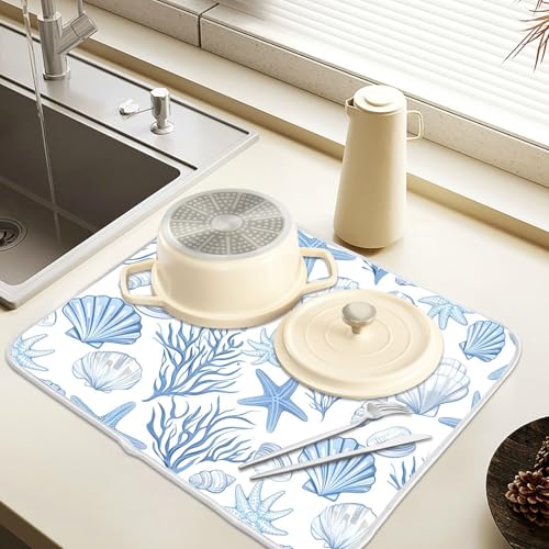 Nautical Coastal Dish Drying Mat for Kitchen Counter Absorbent Microfiber Small Summer Ocean Themed Seashell Coral Starfish Drying Pad Dish Mats for Kitchen Countertops 16 x 18 Inch