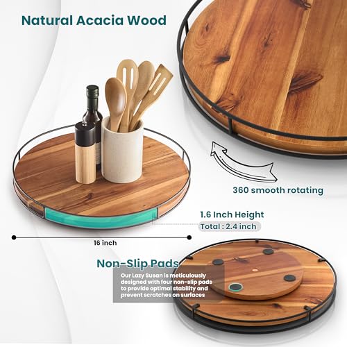 16" Acacia Wood Lazy Susan Turntable with Metal Frame