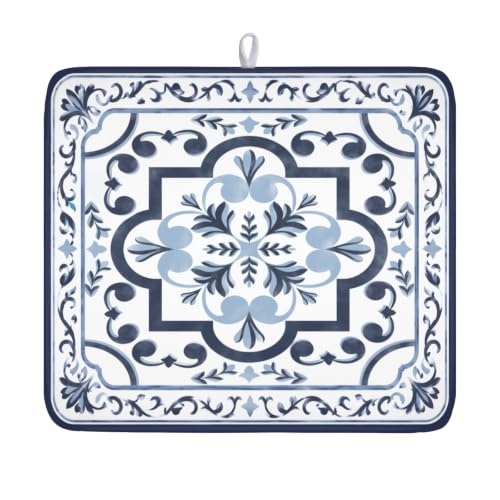 Navy Flower Dish Drying Mat Modern Boho Microfiber Dishes Drainer Pad 16x18 Inch Absorbent Fast Dry Dish Rack Mat for Kitchen Counter Sink