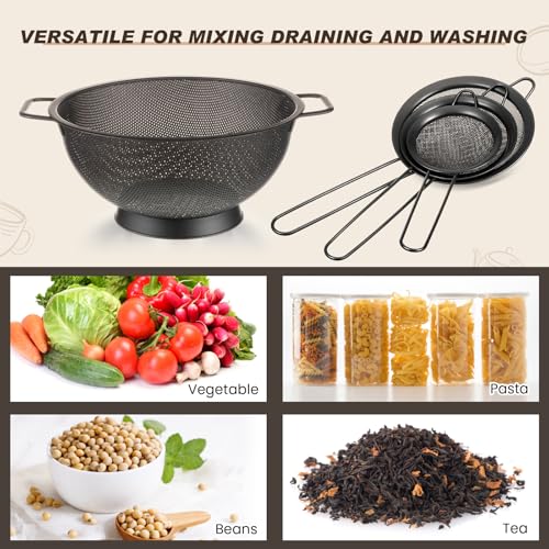 4 Quart Black Colander and 3 Metal Fine Mesh Strainer Set (4 Count)