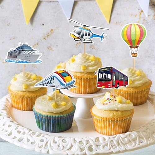 24Pcs Printed Transportation Cupcake Toppers Train Hot Air Balloon Motorcycle Bus Boat Airplane Cupcake Picks for Transportation Theme Baby Shower Boys Girls Birthday Party Decorations