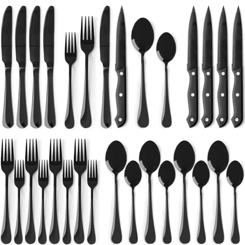 24 Piece Black Silverware Set with Steak Knives Flatware Set for 4 Food (24 Count)