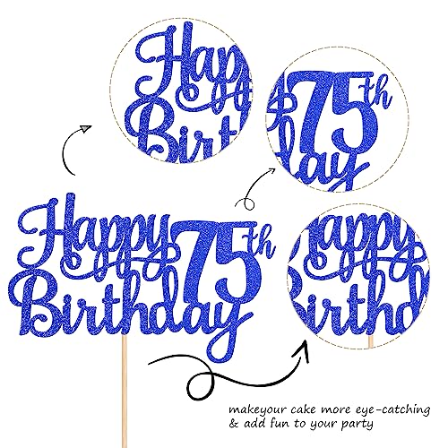 1 PCS Happy 75th Birthday Cake Topper Glitter Cheers to 75 Years Birthday Cake Pick Seventy Five 75 Fabulous Cake Decoration for Happy 75th Birthday Theme Party Decorations Supplies Blue