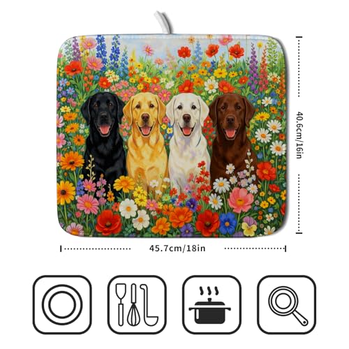 Flower Dog Dish Drying Mat Spring Floral Microfiber Absorbent Dish Drying Pad for Kitchen Counter