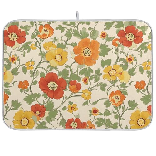 Retro Yellow Orange Flowers Dish Drying Mat for Kitchen Counter Absorbent Microfiber Drying Pad