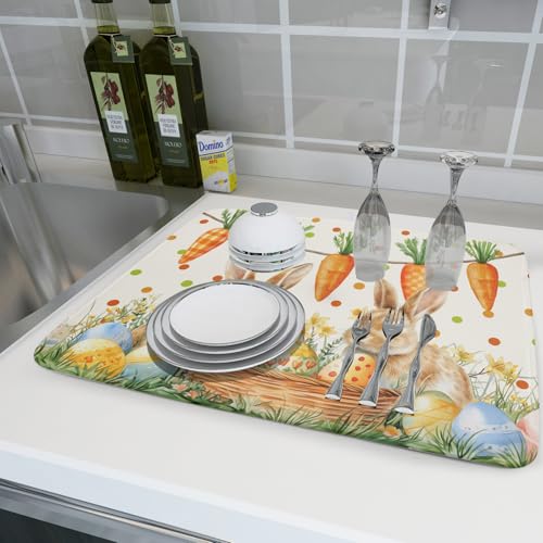 Easter Bunny Dish Drying Mat Eggs Carrot Dishes Drainer Pad Absorbent Reversible Dish Rack Mat Protector for Kitchen Countertop 18x24 Inch