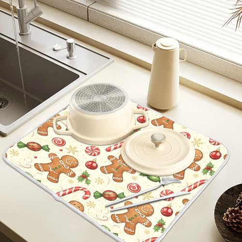 Christmas Gingerbread Cookie Man Sugar Dish Drying Mat for Kitchen Counter Absorbent Microfiber Large Drying Pad Dish Mats for Kitchen Countertops 18 x 24 Inch