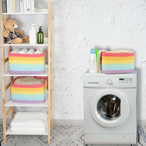 Woven Cotton Rope Storage Baskets 15x10x9.3" 3 Pack Rainbow
