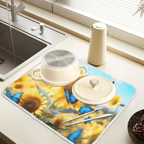 Blooming Sunflowers Blue Butterfly03 Dish Drying Mat for Kitchen Counter Absorbent Microfiber Large Drying Pad Dish Mats for Kitchen Countertops 18 x 24 Inch