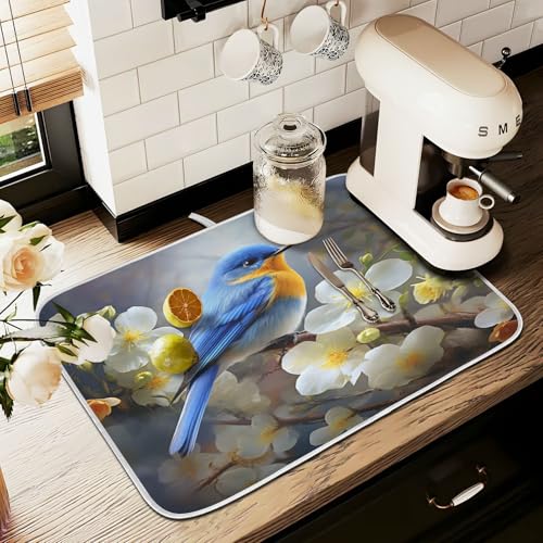 Spring Blue Yellow Flower Bluebird Butterflies Dish Drying Mat for Kitchen Ccounter Absorbent Microfiber Small Drying Pad Dish Mats for Kitchen Countertops 16 x 18 Inch