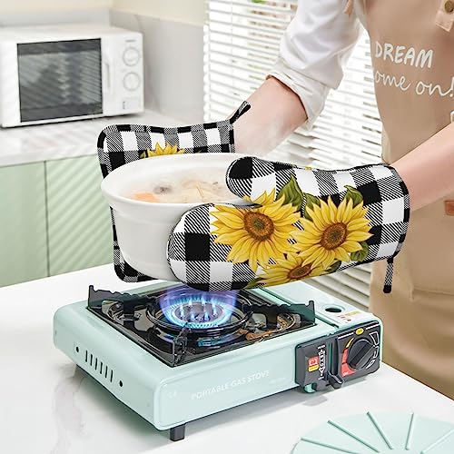 Sunflower Black White Buffalo Plaid Oven Mitts and Pot Holders Sets Silicone Yellow Floral Lumberjack Check Kitchen Mitts Potholders Heat Resistant 4Pcs Oven Gloves Hot Pads for Kitchen (4 Count)
