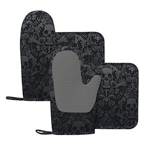 Gothic Skull Oven Mitts and Pot Holders Sets of 4