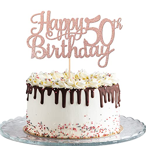 1 PCS Happy 50th Birthday Cake Topper Glitter Cheers to 50 Years Birthday Cake Pick 50 Fabulous Cake Decoration for Happy 50th Birthday Anniversary Party Decorations Supplies Rose Gold