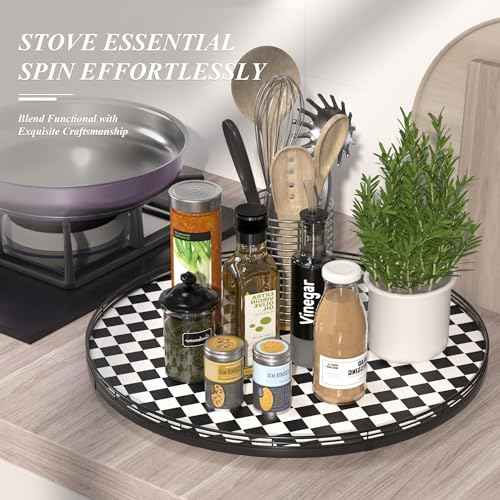 24 Inch Black and White Checkerboard Lazy Susan Decorative Tray