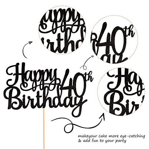 1 PCS Happy 40th Birthday Cake Topper Glitter Cheers to 40 Years Birthday Cake Pick 40 Fabulous Cake Decoration for Happy 40th Birthday Anniversary Party Decorations Supplies Black