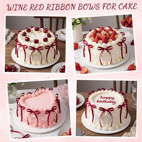 30 Pack Bow Cake Toppers Wine Red Ribbon Bows for Cake Back to School Decor (30 Count)