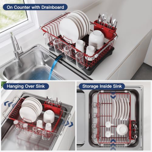 Red Dish Drying Rack in Sink with Drainboard and Utensil Holder