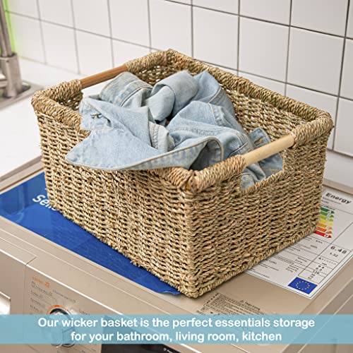 Large Wicker Basket Rectangular with Wooden Handles for Shelves (3 Count)