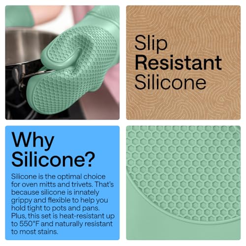 BPA Free Silicone Oven Mitts and Pot Holders Set (4 Count)