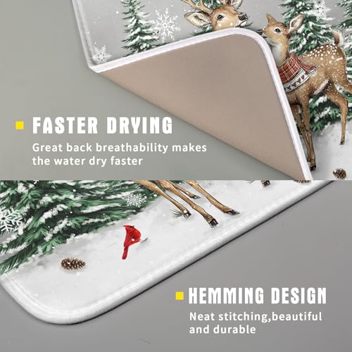 Winter Deer Dish Drying Mat Pine Tree Absorbent Dish Dry Pad Seasonal Microfiber Dish Drainer Mats for Kitchen Counter Coffee Bar 16x18 in