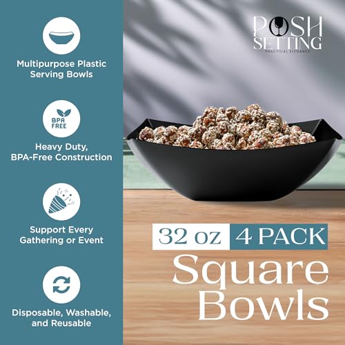 4 Pack Disposable Black Plastic Serving Bowls Square Party Candy Use 32oz (4 Count)