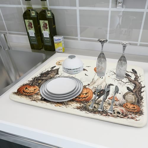 Halloween Pumpkin Ghost Dish Drying Mat Black Cat Microfiber Dishes Pad 18x24 Inch Holiday Dish Drainer Rack Mats for Kitchen Counter Sink