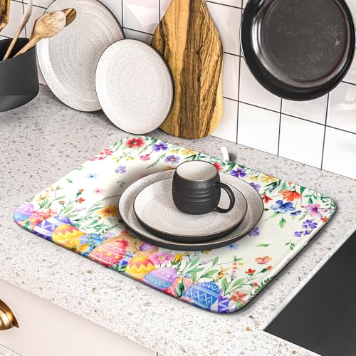 Easter Rabbit Dish Drying Mat Spring Flower Dish Drainer Rack Mats 16x18 inch Absorbent Microfiber Fast Dry Pad Kitchen Counter Accessories
