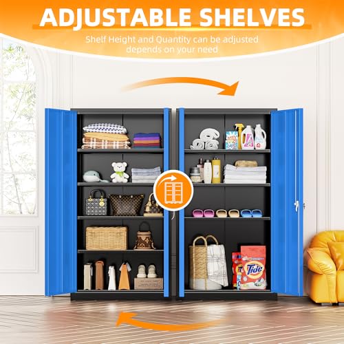 Metal Storage Cabinets 72” Black Blue Garage Steel Storage Cabinet with Doors and Shelves