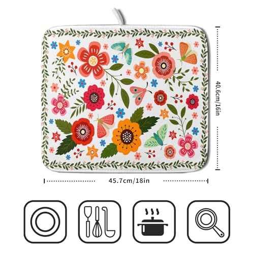 Colorful Boho Floral Dish Drying Mat 16x18 Inch Dishes Dry Pad Drainer Rack Mats Absorbent Hanging Loop Kitchen Counter Bar Accessories