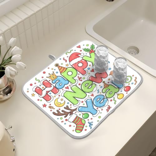 Cute Happy New Year Dish Drying Mat for Kitchen Counter Absorbent Microfiber Large Drying Pad Dish mats for Kitchen Countertops 18 x 24 Inch
