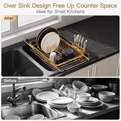 Gold Dish Drying Rack Over the Sink with Utensil Holder
