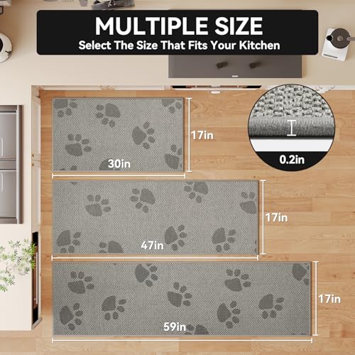 Kitchen Rugs Kitchen Mats for Floor Non Slip Gray Paw 17"x47" (5.48 Sq Ft)