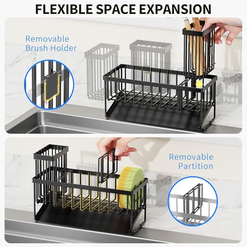 Sink Caddy Sponge Holder for Kitchen with Brush Holder and Stainless Steel Self Drain Tray