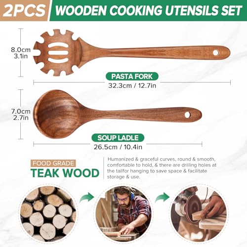 Wooden Soup Ladle Spoon & Spaghetti Pasta Spoons Utensil Set of 2 (2 Count)